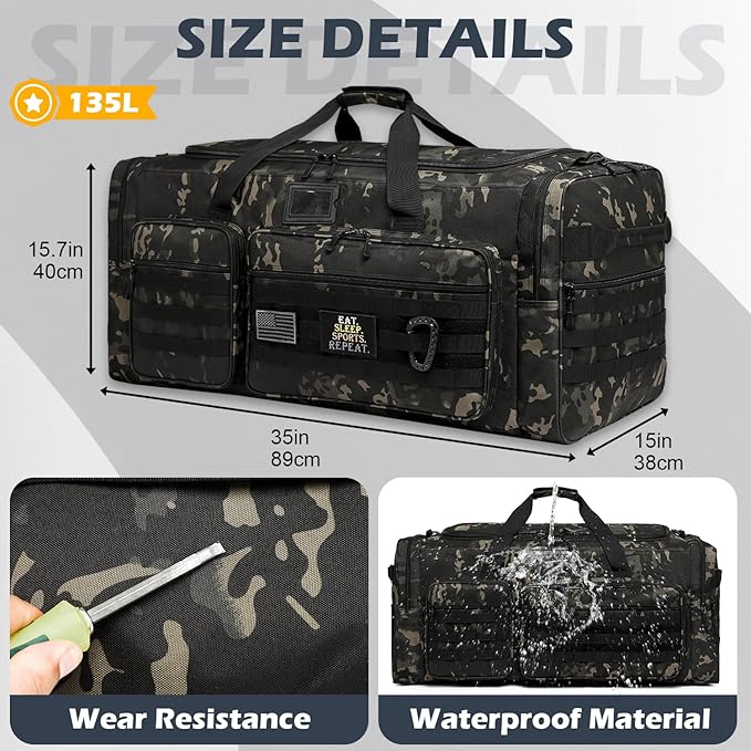 135L Large Duffle Bag, Heavy Duty Duffle Bag for Travel, Extra Large Sports Gym Equipment Bag for Soccer Baseball Basketball Hockey Football, Black CM