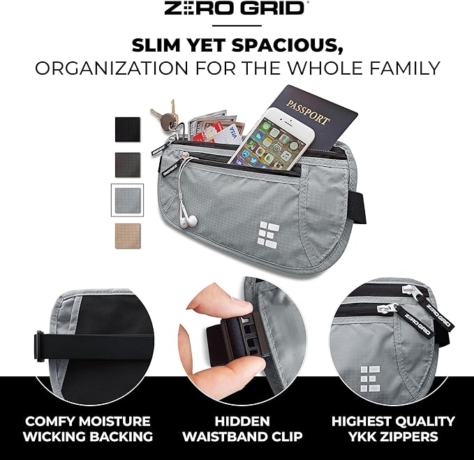 Travel Money Belt 2-Pack (Ash & Beige) – RFID Blocking Hidden Waist Pouch Set – Slim Passport Holder & Under Clothes Security Fanny Pack – Water-Resistant Travel Wallet for Men & Women