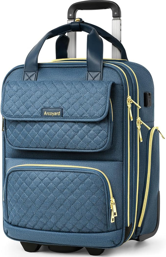 Underseat Carry On Luggage with Wheels, Airline Approved Personal Item Luggage, 16-Inch Multi-functional Underseat Luggage, Lightweight Overnight Suitcase for Women, Bussiness, Travel, Blue