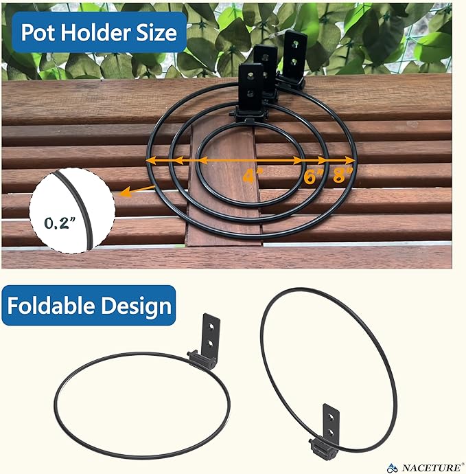 NACETURE Flower Pot Holder Ring for Wall Mount Foldable – Heavy Duty Round Metal Planter Hooks Hangers - Fence Pot Plant Holders Hanging Bracket for Outdoor Indoor (8 Inch 6 Pack)