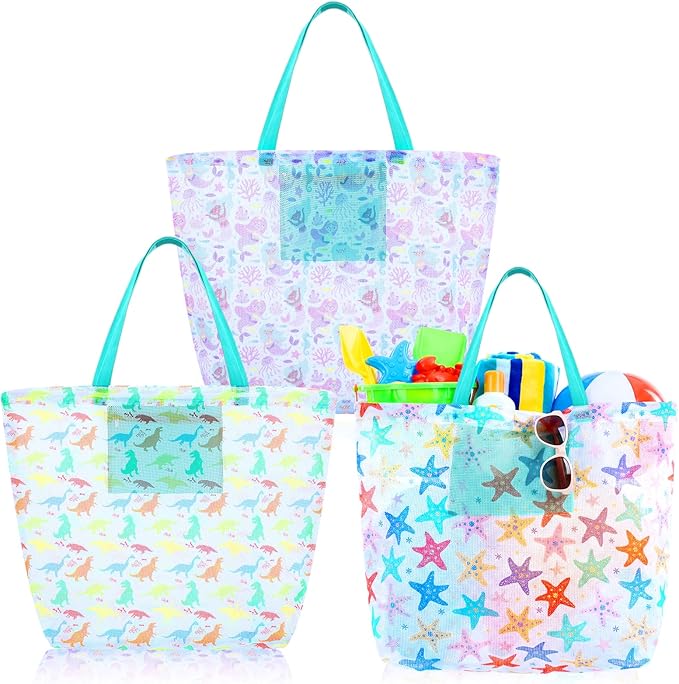3 Pcs Mesh Beach Bags Portable Mesh Shower Beach Toy Bag With Drawstring Extra Large Tote Hanging Toiletry Bath Organizer for Camping Swimming Gym Travel