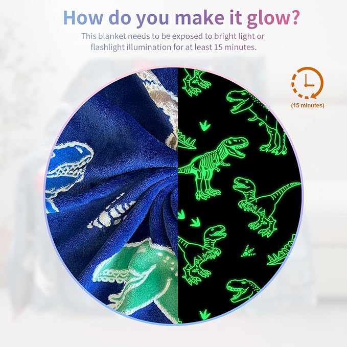 Dinosaur Blanket for Boys, Dinosaur Glow in The Dark Blanket for Kids/Toddler/Baby, Soft Fleece Blankets and Throw, Birthday 50"x 60"