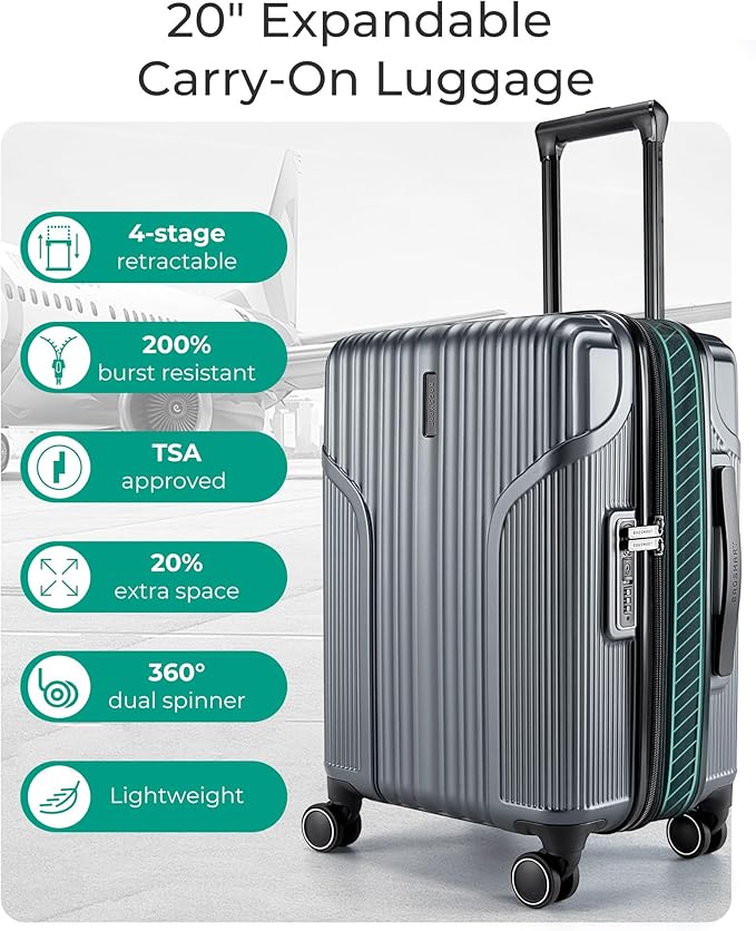 BAGSMART Expandable Carry On Luggage 22x14x9 Airline Approved, Carry-On Suitcase with Spinner Wheels, Hardside Polycarbonate Rolling Travel Luggage with TSA Lock 20-Inch, Grey