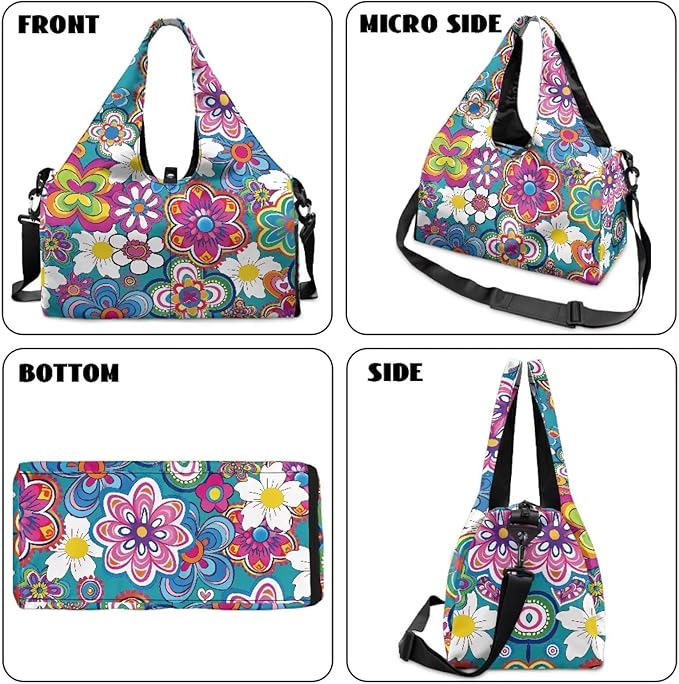 Colorful Hippie Flowers Gym Bag for Women with Shoes Compartment Carry on Weekender Overnight Bags Travel Duffel Bags Sports Workout Yoga Carrier Ladies Gifts