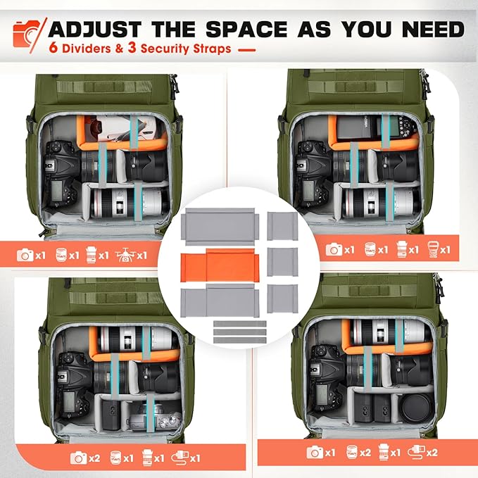 RAINSMORE Camera Bag Backpack for DSLR/SLR/Mirrorless Camera Bags for Photographers 15.6 Inch Waterproof Tactical Photography Backpack Case with Rain Cover & Tripod Holder, Army green