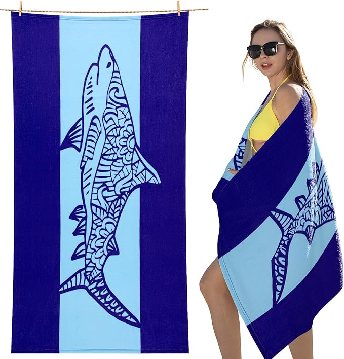 cabanana Sand Free Beach Towel - Large Oversized Beach Towel Sandproof 70x35 Big Microfiber Quick Dry Pool Towel, Thin Lightweight Compact for Travel Swimming Bath for Adults Women Men (Shark)