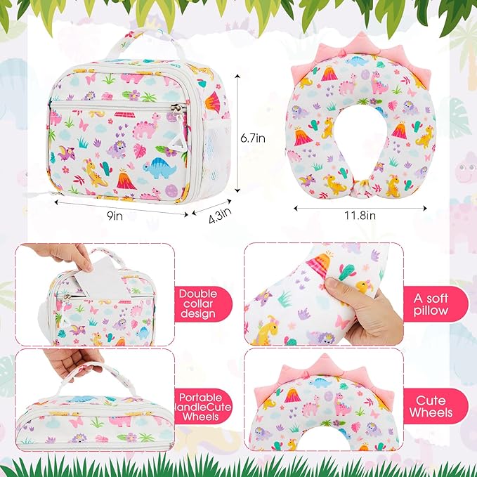 Redbaker 17 Inch 6 Pcs Kids Luggage Set Kids Rolling Luggage Double Pattern Suitcase for Boys Girls (Pale Pink, Dinosaur Style)