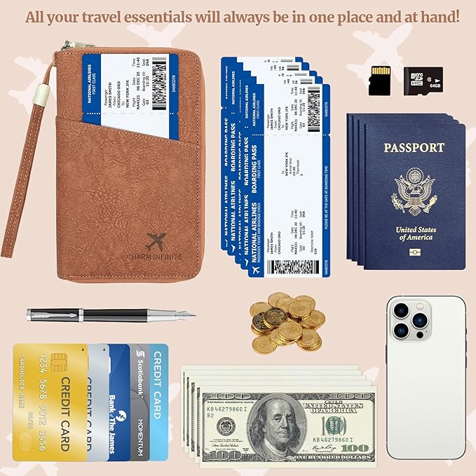 Family Passport Holder Wallet with Zipper, RFID Blocking Travel Document Organizer for Women Men, Portable Case Cover for Cards, Boarding Pass, ID, Money, Tickets with Wrist/Neck Strap