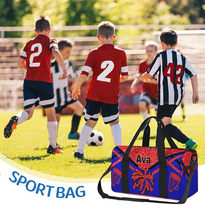 Personalized Teens Sport Duffle Gymnastics Bag, Custom Name Cheerleaders Carry On Weekender Bag for Women Travel Business Trip, Red Sequins Glitter Black Royal Blue