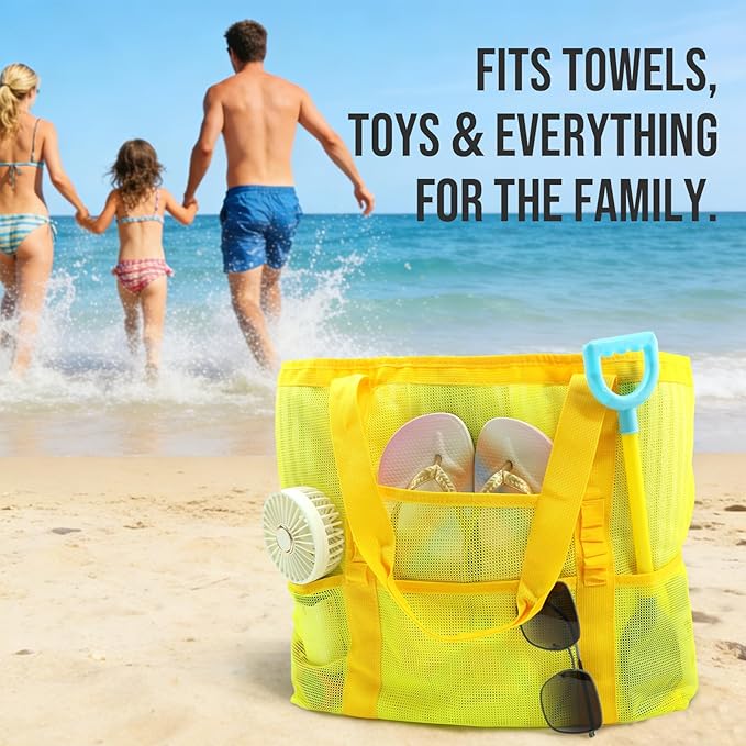 Large Mesh Beach Tote Bag, 9-Pocket Foldable Summer Vacation Beach Bag for Travel, Pool, Gym, Cruise