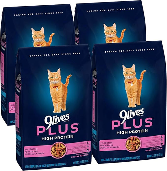 9Lives Plus High Protein Dry Cat Food, 3.15 lb. Bag (Pack of 4)