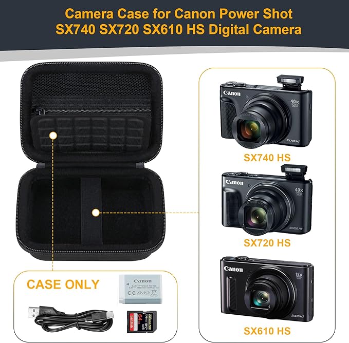 RAIALL Carrying Case for Canon PowerShot SX740/ SX730/ ELPH 360/ SX720/ SX710/ SX610/ SX260 HS Digital Camera, Vlogging Camera Travel Hard Bag, Mesh Pocket for Battery, SD Cards and USB Cable, Black