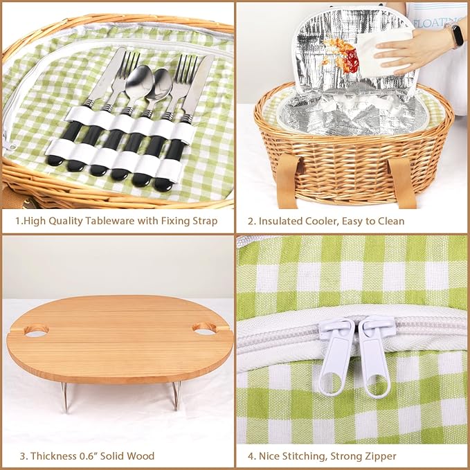 Hap Tim Wicker Picnic Basket Set for 2 with Mini Folding Wine Picnic Table & Large Insulated Cooler Bag & Cutlery Service Kits for 2 Person, Couples Gifts, Wedding Gifts (Y2209-2-GR)