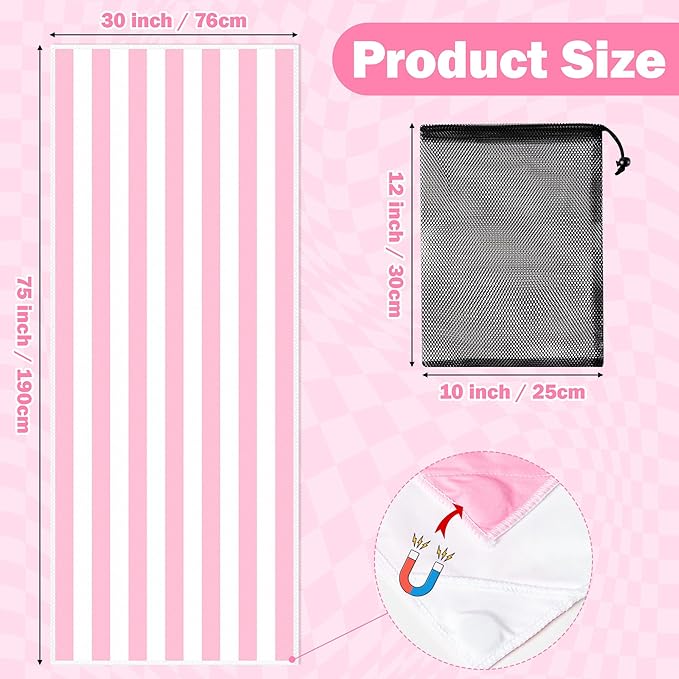 Pink Stripes Magnetic Beach Towel - 75"x30" Sand Free Quick Dry Microfiber Towel with Built-in Magnets Lightweight for Beach Chair Car Door Pool Travel Camping Yoga with Storage Bag