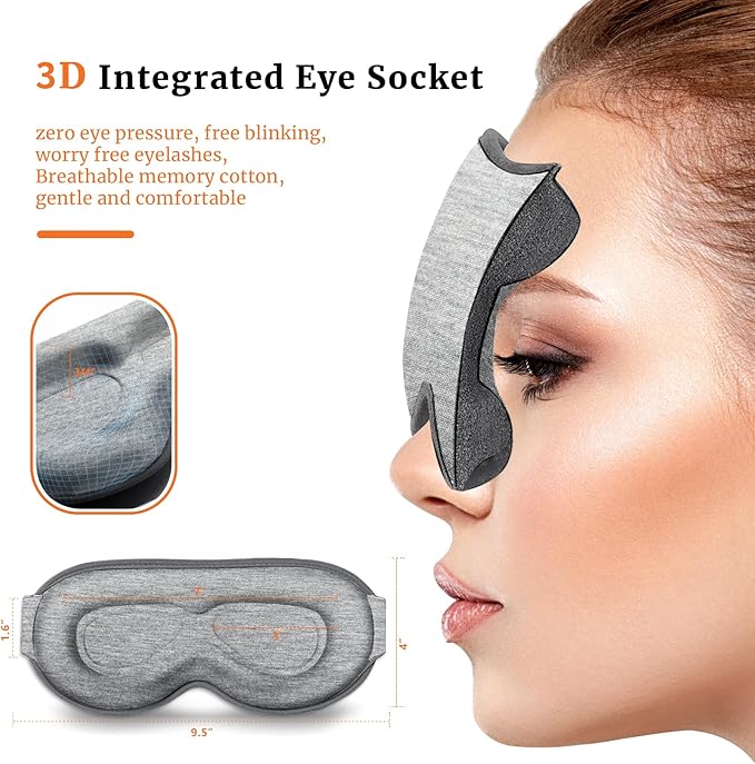 Sleep Eye Mask 3D Contoured cup Soft and Gentle, Breathable, Comfortable for side sleeping, Travellers, Yoga, Men, Women, Adjustable, with silicone Ear Plugs for Sleeping Noise Reductions (Grey)