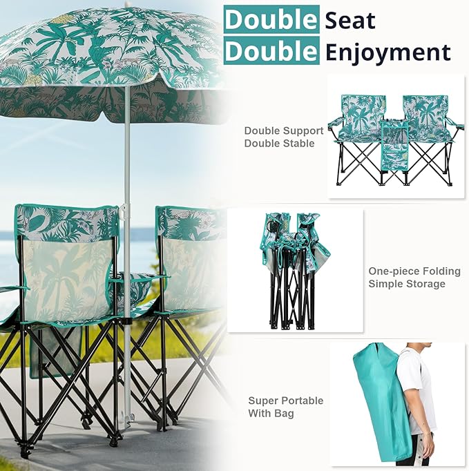 Double Folding Camping Chair W/Umbrella Fold Up Table Beverage Holder Carrying Bag Cooler for Patio Pool Park Outdoor Beach, Picnic, Portable (Pineapple)