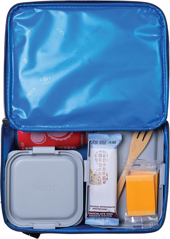 PackIt Freezable Classic Lunch Box, True Blue, Built with EcoFreeze Technology, Collapsible, Reusable, Zip Closure With Zip Front Pocket and Buckle Handle, Designed for Fresh Lunch On the Go