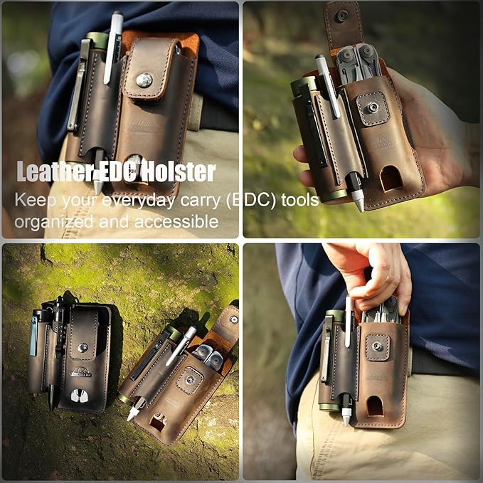 Topstache Leather Multitool Sheath - Multi Tool Holster with Belt Clip - EDC Belt Organizer Fits Multitool, Flashlight, Pen - Leather EDC Pouch Belt Holder Case with Closure Flap, Darkbrown