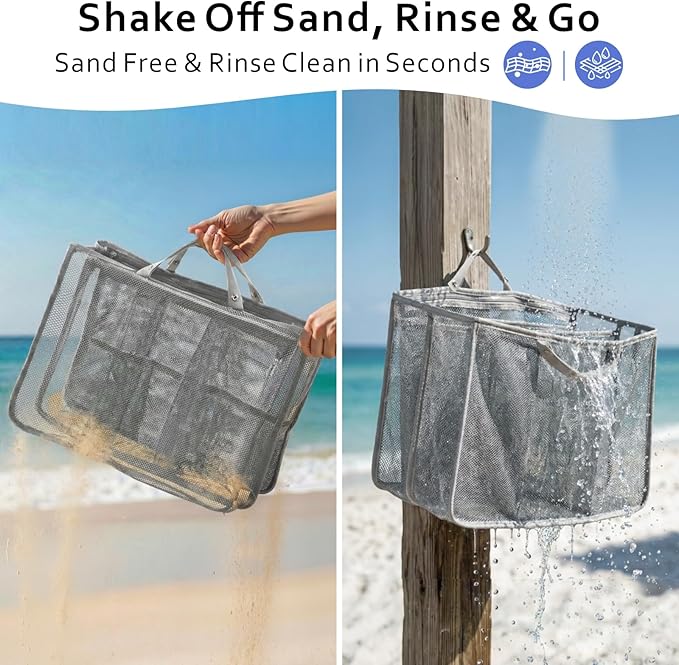 F-color Beach Bag Organizer Insert Compatible with Silicon Bag Original Large, Mesh Tote Liner with 10 Pockets & Adjustable Handle, Lightweight Divider Pouch for Beach Accessories Organizing, Grey