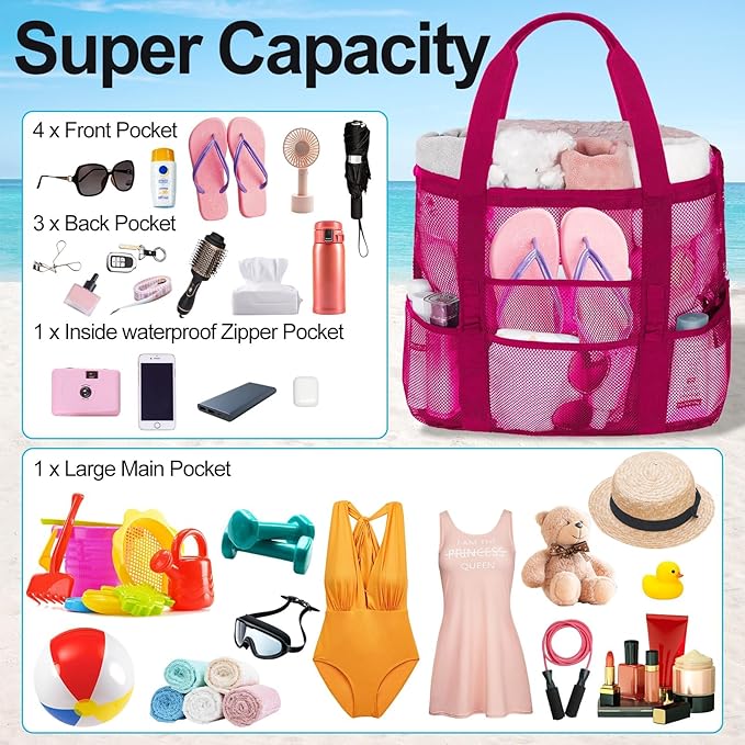 Mesh Beach Bags for Women - Family Beach Tote Bag for Toys, Towels, Travel Vacation Cruise Essentials