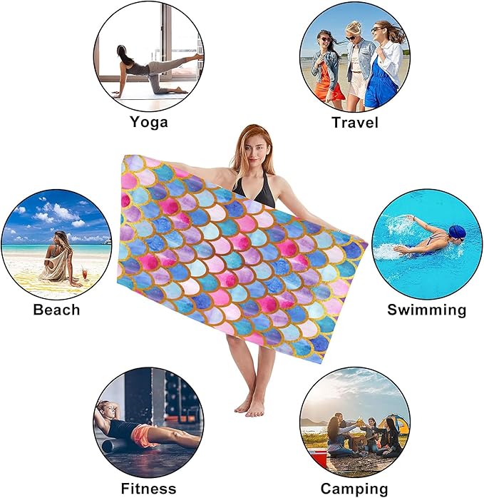Beach Towel,Watercolor Mermaid Golden Fish Scales Lightweight Compact Sand Free Quick Dry Oversized Pool Swimming Towels for Girls Women Adults,29.5"×59"