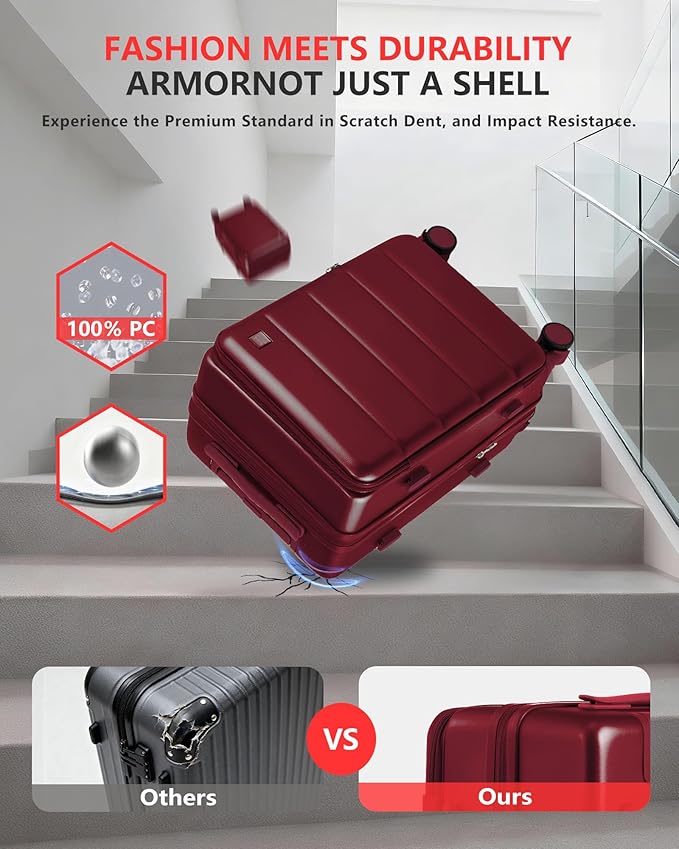 Expandable 20Inch Carry On Luggage Airline Approved - Top Opening Hardside Travel Suitcase Unbreakable -with Cup Holder,USB Charge,Side Pothook, 360°Spinner Wheels, TSA Lock-Wine Red