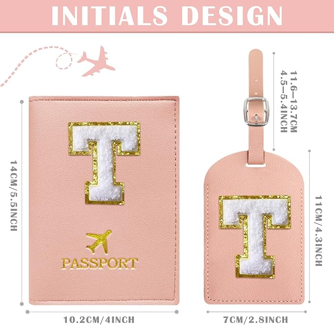 COSHAYSOO Personalized Passport Cover Holder and Initial Luggage Tag Set with Chenille Letter Patch for Women Teen Girls Couples, Preppy Travel Bag Suitcase Identifier Pink T