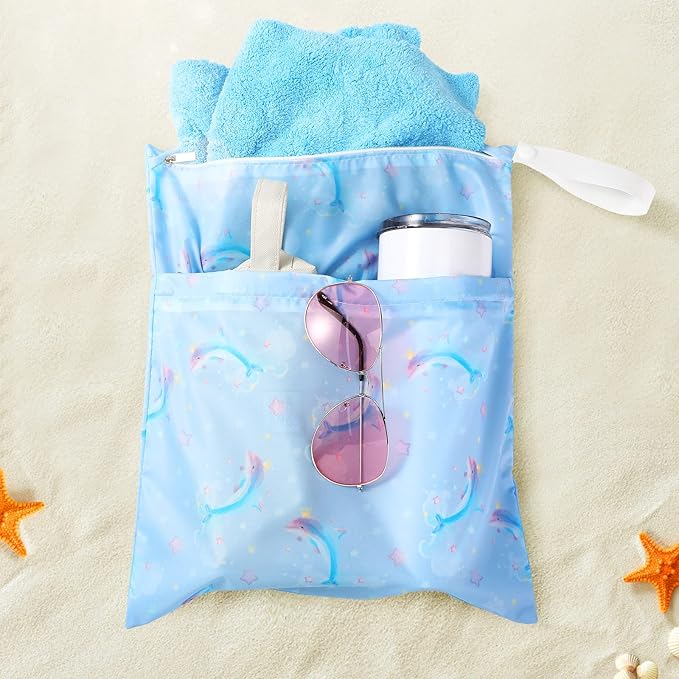 Frienda 4 Pieces Wet Dry Bag for Baby Waterproof Reusable Washable Diaper Bag Sealed with Handle for Travel, Beach, Swimsuit, Diapers, Dirty Gym Clothes and Toiletries (Mermaid)
