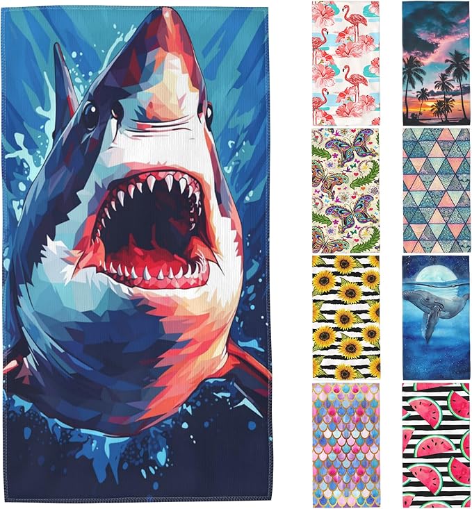 Microfiber Beach Towels,Watercolor Wild Animal Shark in Deep Sea Oversized Absorbent Bath Towels,Soft Quick Dry Thin Camping Towel for Adults Women Men,29.5"×59"