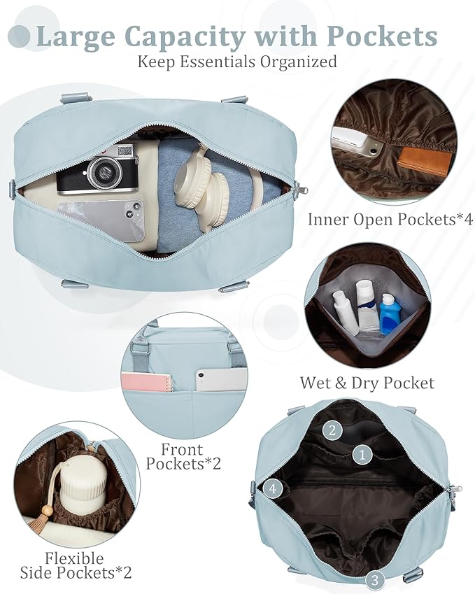 Gym Bag for Women,Travel Duffle Bag for Travel with Wet Pocket Weekender Overnight Carry On Tote Bag Luggage Bag with Trolley Sleeve Personal Item Travel Bag Hospital Diaper Bag Blue