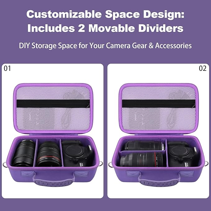khanka Camera Case for Canon EOS Rebel T7/T100/T6/R50/R100/R5/R7/R8/R6 Mark II/SL3 DSLR Camera,Travel Protective Carrying Case for Canon EOS Rebel Camera and 18-55mm/18-45mm Lens(Purple Case Only)