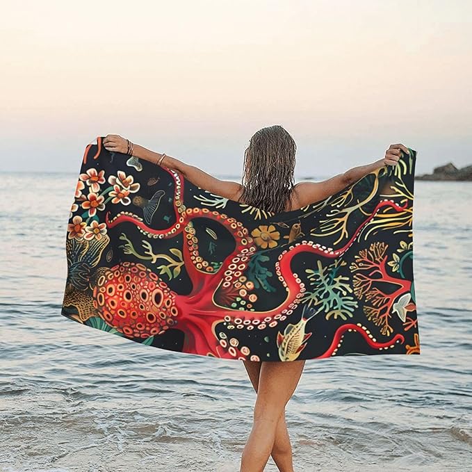 Octopus Red Oversized Sand Free Beach Towel – 71"X32" Lightweight Quick Dry Microfiber Terry Towel For Travel, Swimming, Pool, And Camping, Absorbent And Compact Beach Essential For Women And Men
