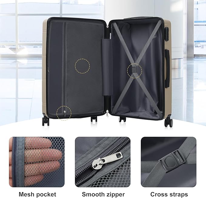 Merax Luggage Set 6 Piece,Lightweight Hardshell Suitcase with Double Spinner Wheels Handle Password Lock,14 IN Cosmetic Case 20/24/28 IN Luggages with Duffel Bag and Toiletry Bag,Khaki
