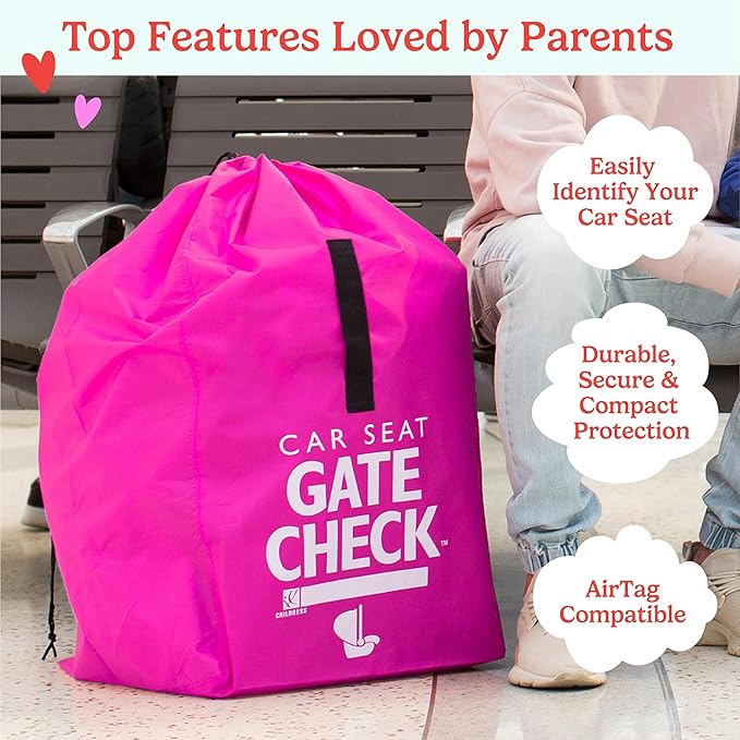 J.L. Childress Gate Check Travel Bag for Car Seats - Car Seat Travel Bag for Airplane, Includes AIRTAG Holder, Fits All Baby Car Infant Carriers & Child Booster Seats - Neon Pink