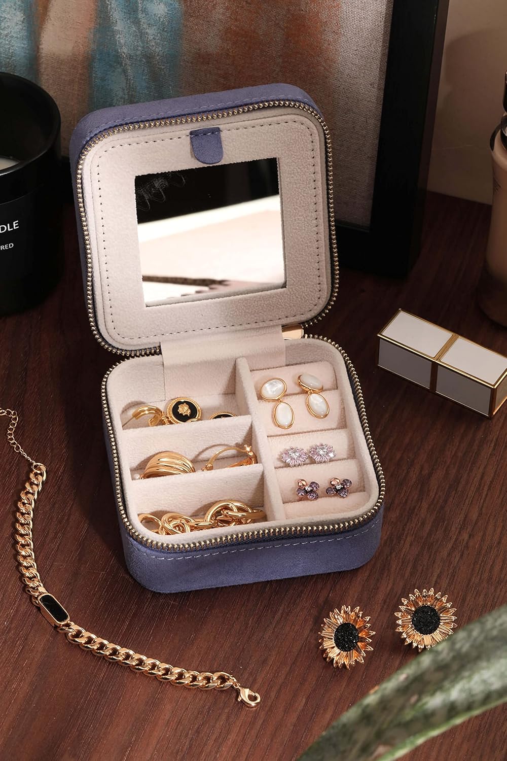 S.Leaf Mini Travel Jewelry Case - Portable Organizer Box for Women (Suede Touch, Dust Lavender)