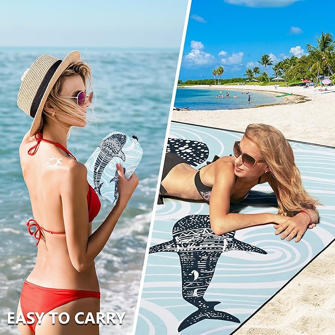 Beach Blanket Waterproof Sandproof Beach Mat 79”x 83” for 1-8 Adults Quick Drying Durable Outdoor Picnic Mat for Beach Festival Travel Camping Hiking (Whale, 79"×83"(4 Person))