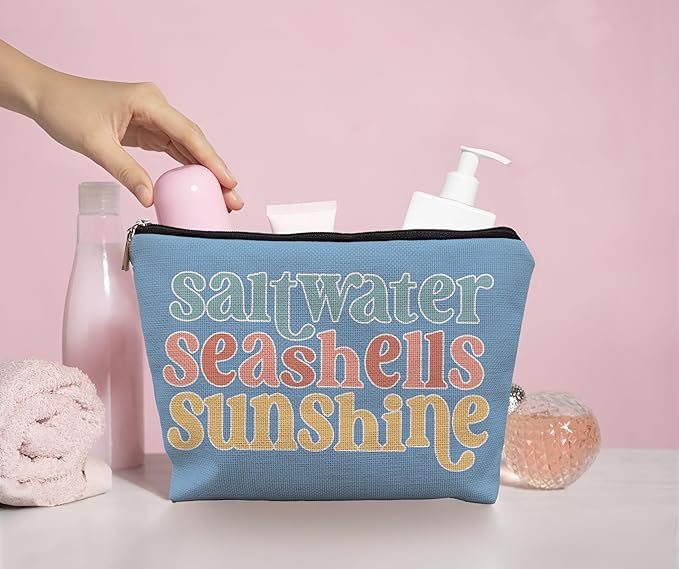 Beach Makeup Bag,Sunscreen Summer Travel Makeup Pouch,Saltwater Seashells Sunshine Travel Cosmetic Zipper Bags for Women,Beach Gifts for Women (color-02)