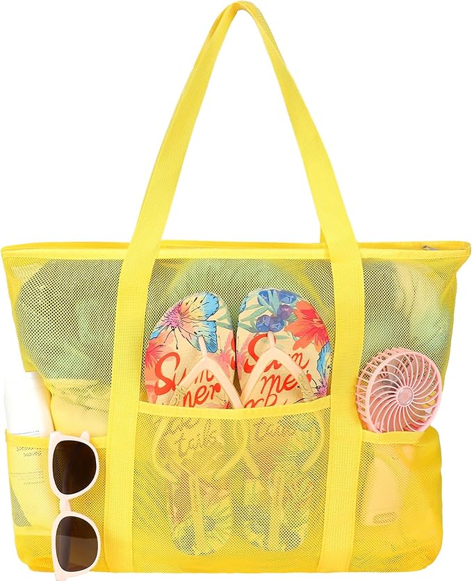 Mesh Beach Bag, Large Bag with Zipper Beach Bags for Women Waterproof Sandproof with 5 Pockets Green
