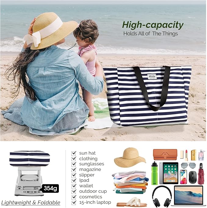 HOMESPON Large Waterproof Beach Bag for Women Sandproof Tote Bag Pool Bag with Zipper and Pockets for Travel Vacation Gym