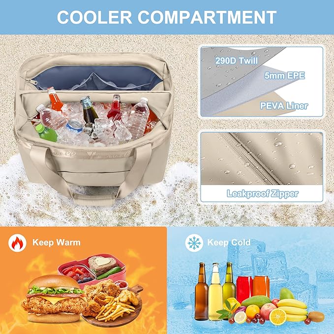 Yarwo Beach Bag for Women, Sandproof Swim Tote Bag with Cooler Compartment and Wet & Dry Pockets for Pool Cruise Vacation