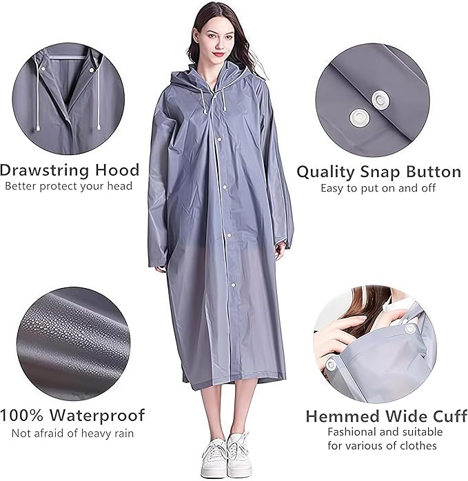Rain Coat Poncho for Adult, 2 Pack Women Men Reusable Raincoats Emergency with Hood and Drawstring