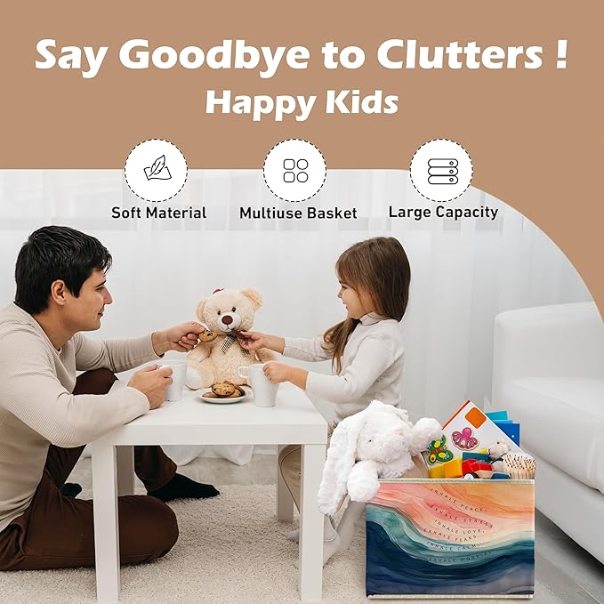 Abstract Mental Health Storage Bin Box with Handles, Watercolor Inhale Exhale Anxiety Relief Foldable Linen Fabric Laundry Basket for Home Therapy Office Clothes Toys Books