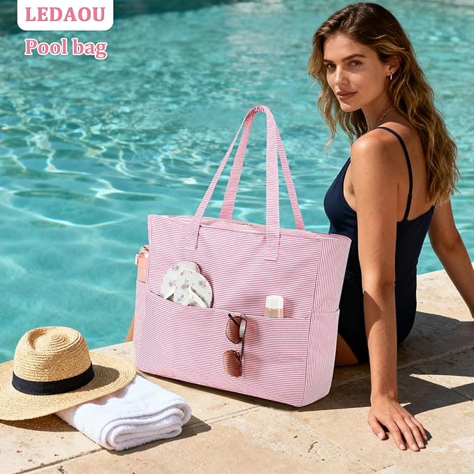 LEDAOU Large Beach Bag Women Waterproof Sandproof Zipper Beach Tote Pool Bag for Swim Gym Grocery Travel with Wet Pocket | Waterproof, Sandproof, Zipper, Pool, Gym, Grocery