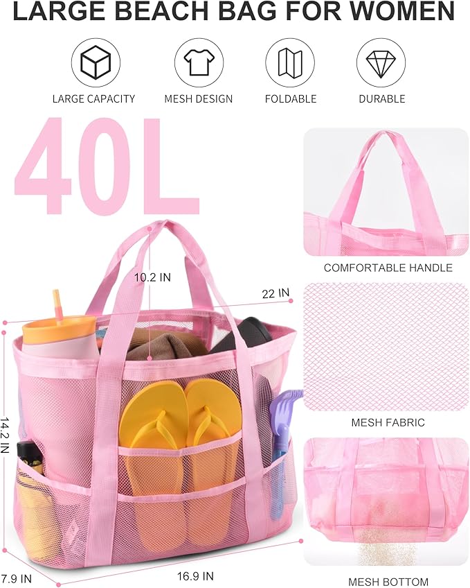 Genteen 40L Mesh Beach Bag, Foldable Sandproof Tote with Waterproof Pocket Quick Dry for Women Family Pool Vacation（White