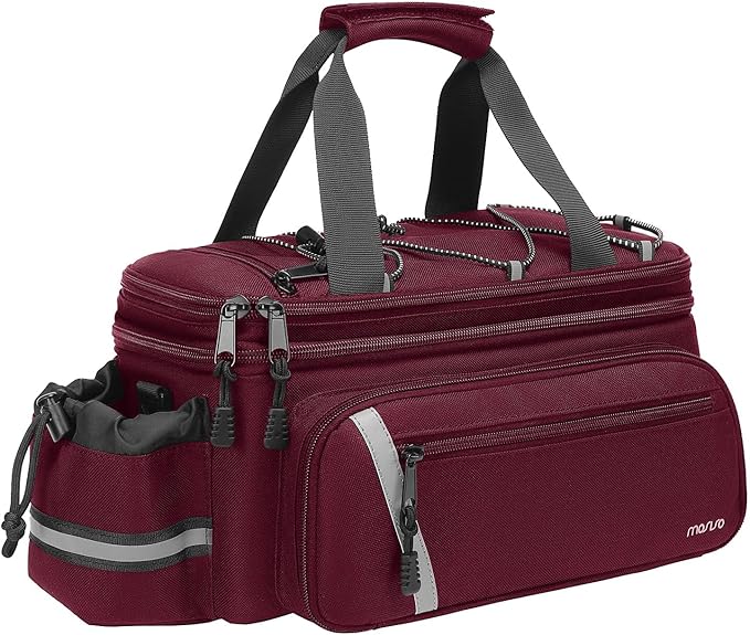 MOSISO Bike Rack Bag with Rain Cover, Bike Trunk Cooler Handag Insulated Bicycle Rear Seat Pouch with 2 Side Foldable Panniers, 8L Cycling Backseat Storage Cargo Saddle Shoulder Bag, Wine Red
