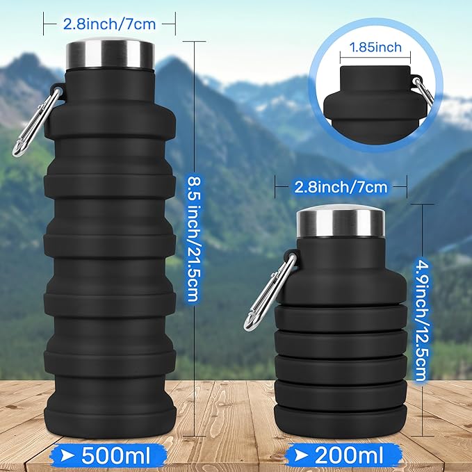 Collapsible Water Bottle, 16oz Portable Reusable Silicone Water Bottle, BPA-Free Leak-Proof Foldable Design with Carabiner, Lightweight Durable for Gym, Travel, Camping, Hiking, Sports, Light Blue