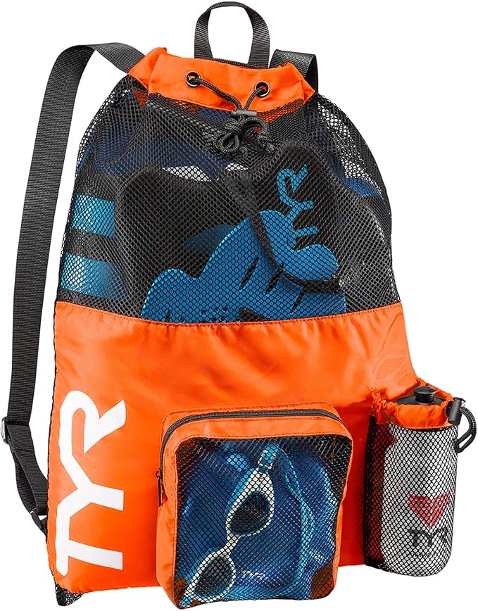 TYR Big Mesh Mummy Backpack for Swim, Gym and Workout Gear, Black, 40-Liter Capacity