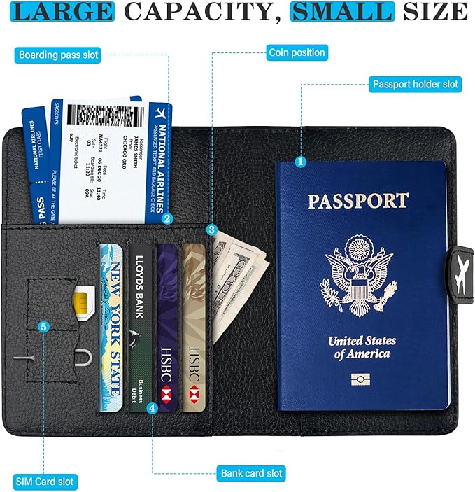 Passport Holder for Trave, RFID Blocking Leather Passport Cover, Combo with Credit Card Slot and Boarding Pass Slot Combo for Women Men