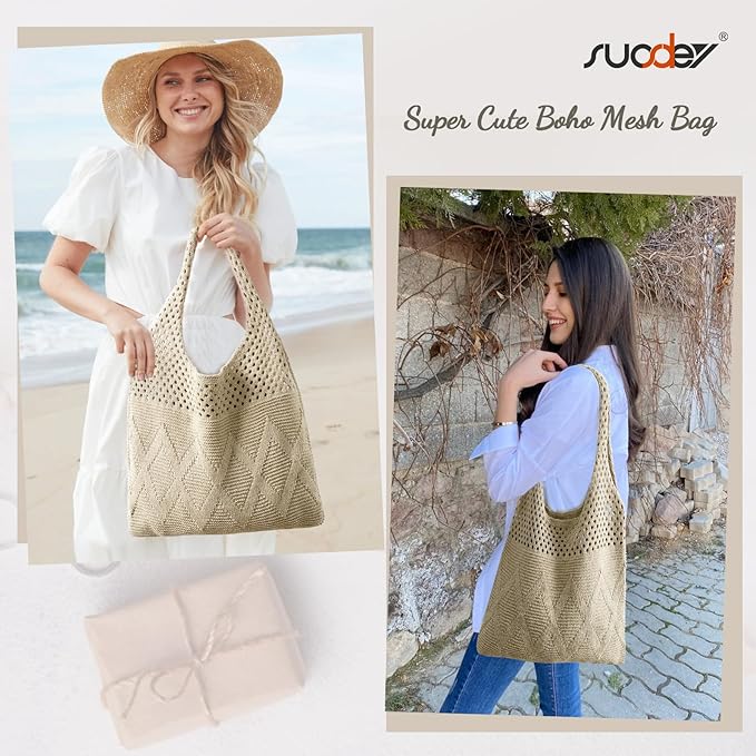 SUOSDEY Crochet Mesh Beach Tote Bag, Knit Summer Vacation Aesthetic Boho Tote Bag for Women