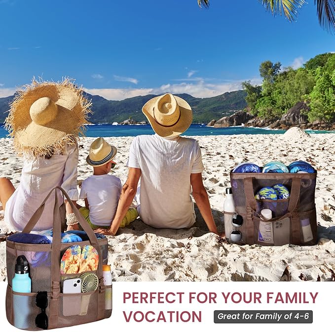 Tavaleu Mesh Beach Bag - Large Beach Tote with Multi Functional Pockets for Family Travel/Vacation